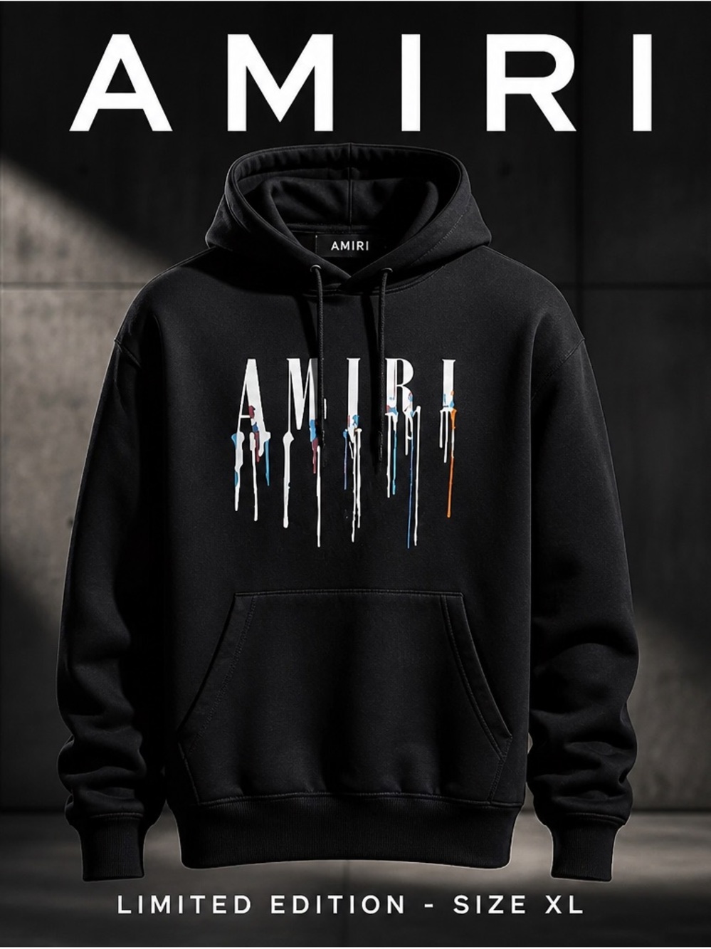 AMIRI Black Paint Drip Logo Crewneck Hoodie hooded sweatshirt size XL